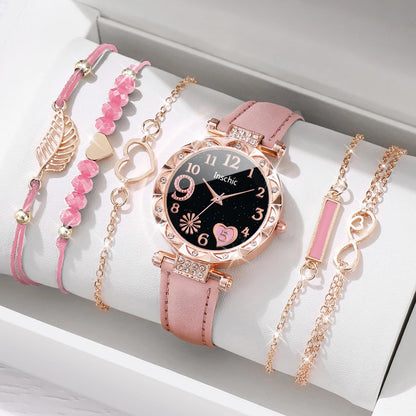 6PCS Women’s Heart Dial Watch & Leaf Bracelet Set Casual Leather