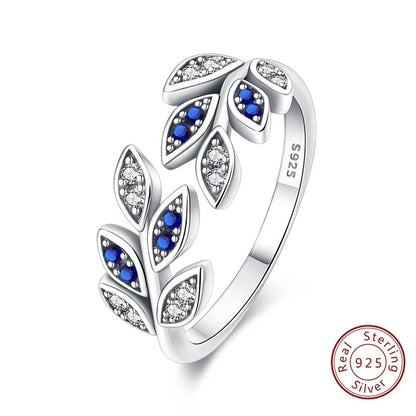 Sterling Silver Blue Zircon Leaves Ring Women Jewelry