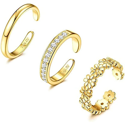 3-Piece Adjustable Toe Ring Set Gold Plated Flower Summer Jewelry