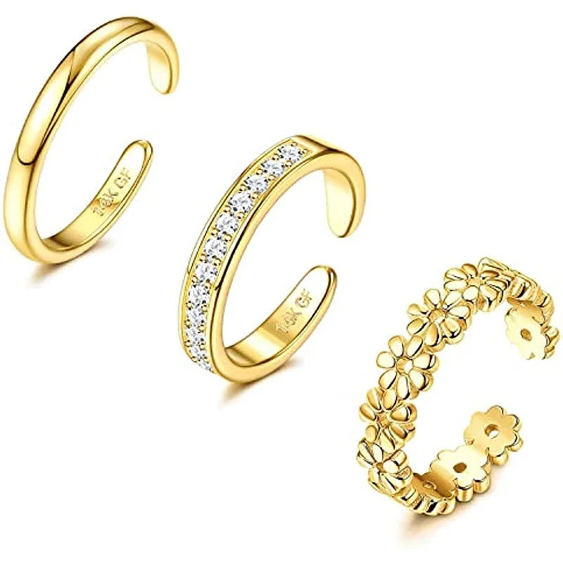 3PCS Filled Toe Rings Set for Women  Gold Plating Adjustable Simple Flower Ring Summer Beach Jewelry
