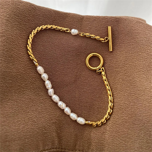 316L Stainless Steel Simplicity Vintage Irregular Shaped Pearl OT Buckle Chain Bracelet For Women Fashion Fine Jewelry Gift B628