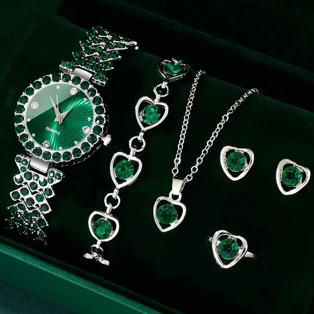 Women Fashion Watches Heart Rhinestone Ring Necklace Earring Jewelry Set Luxury Dress Wrist Watch Simple Elegant Watch Gift