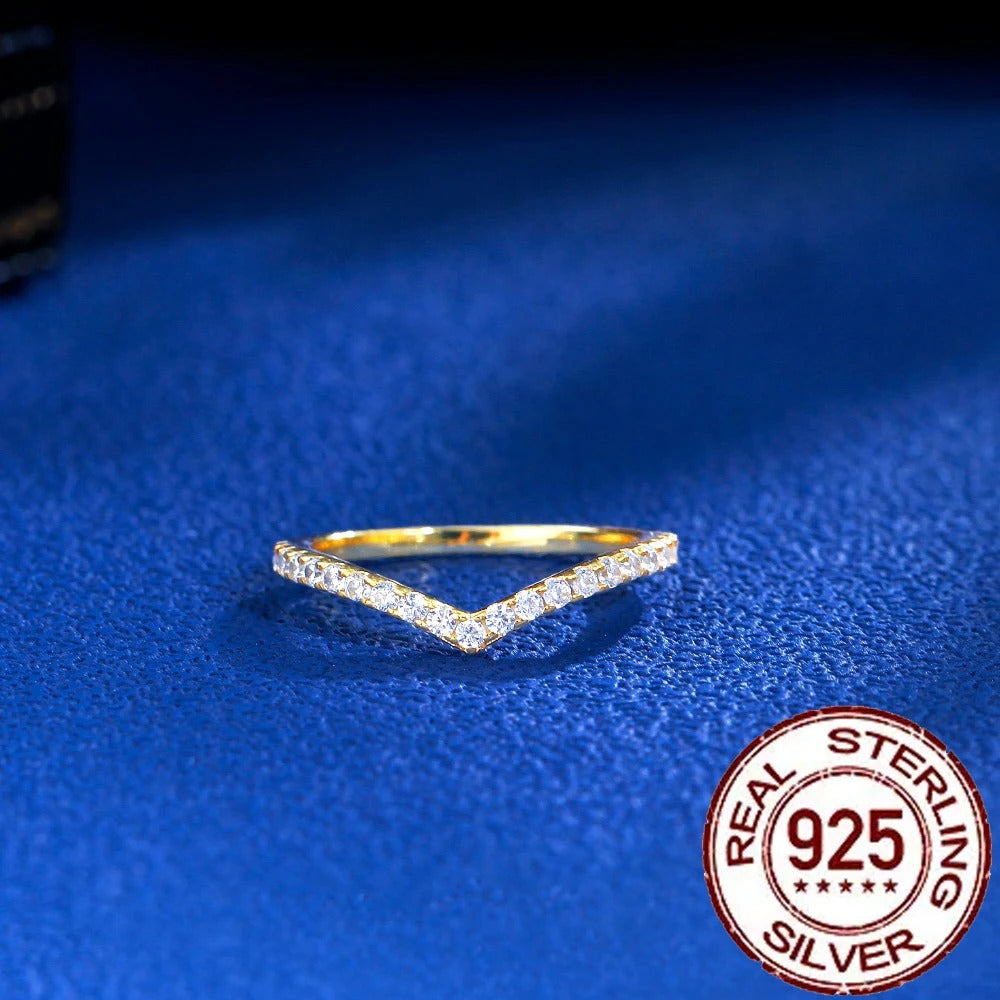 Genuine 925 Sterling Silver Stackable Rings for Women Shiny Cubic Zircon V Shape Gold Plated Fine Jewelry Gifts