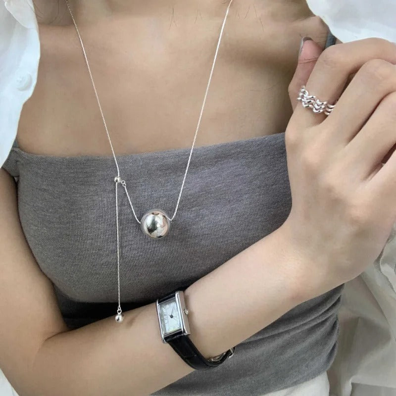 New 925 Silver Smooth Bead With Snake Chain Long Pendant Necklaces for Women Aesthetic Tassel Clavicle Chain Choker Fine Jewelry