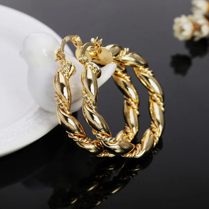 18K Gold Plated Rope Round Earrings Women’s Party & Wedding Jewelry
