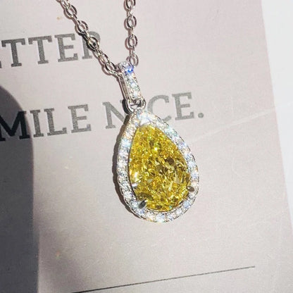 Fashion Pear-shaped Yellow Zirconia Pendant Necklace Women Luxury Engagement Accessories Temperament Lady Wedding Jewelry