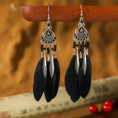 Ethnic Style Long Drop Crystal Beads Feather Earrings Women