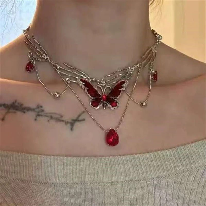 Red Butterfly Crystal Pendant Sliver Ghost Claw Short Choker Chain Necklace For Women Punk Y2K Charms Jewelry Accessories