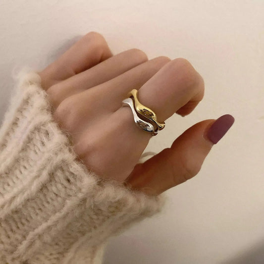 Sterling Silver Irregular Design Wave Golden Stackable Finger Rings Trendy Adjustable For Women Gifts.