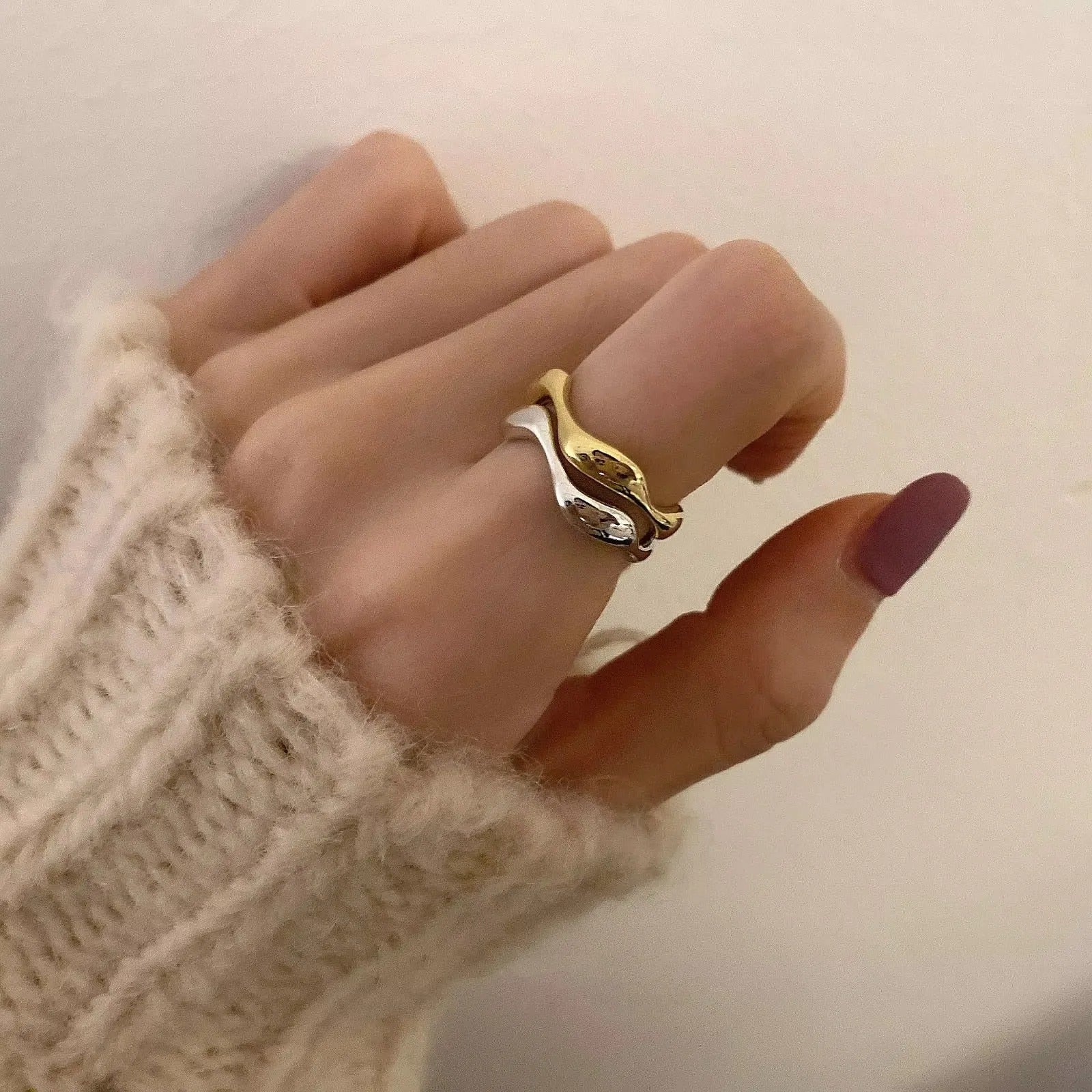 Sterling Silver Irregular Design Wave Golden Stackable Finger Rings Trendy Adjustable For Women Gifts.