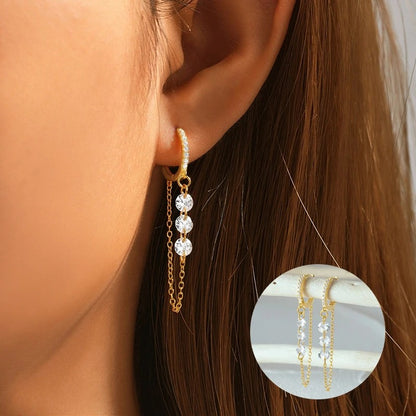 Gold Hoop Buckle Earrings with 3 Zircons 925 Silver for Women