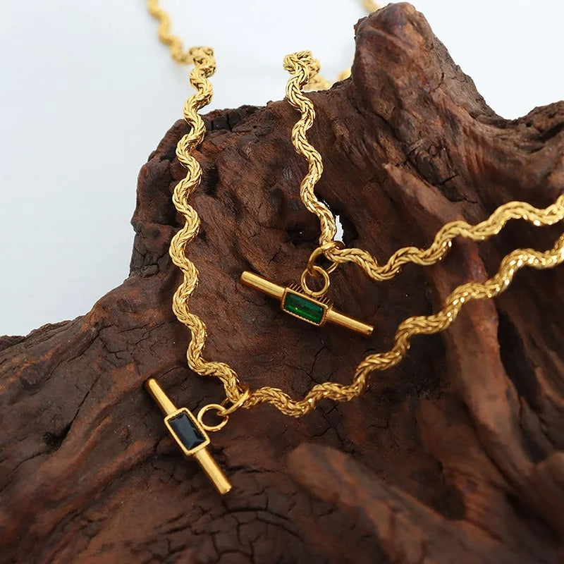 Wavy Line Stainless Steel Necklace Green & Black Stone Pendant