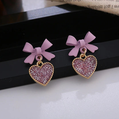 Purple Crystal Heart Bow Dangle Earrings for Women