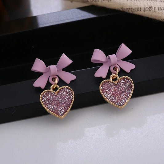 Purple Crystal Heart Bow Dangle Earrings for Women