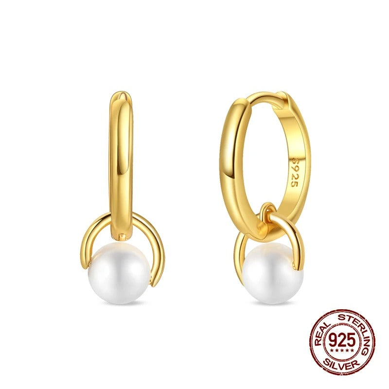 100% 925 Sterling Silver Pearl Golden Geometry Hoop Earrings For Women Fashion Birthday Party Wedding Jewelry Engagement Jewelry