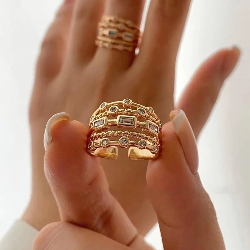 2025 New Stainless Steel 18 K Gold Plated Sun Rings for Women Natural Stone Hollow Metal Texture Ring Trendy Jewelry
