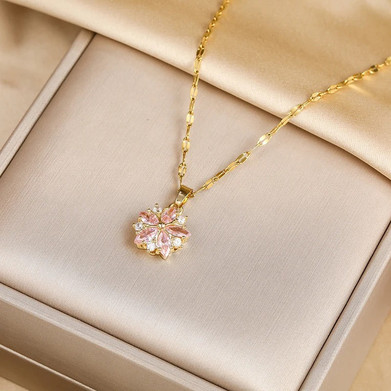 Cute Pink Sakura Pendant Necklace for Women Korean Fashion