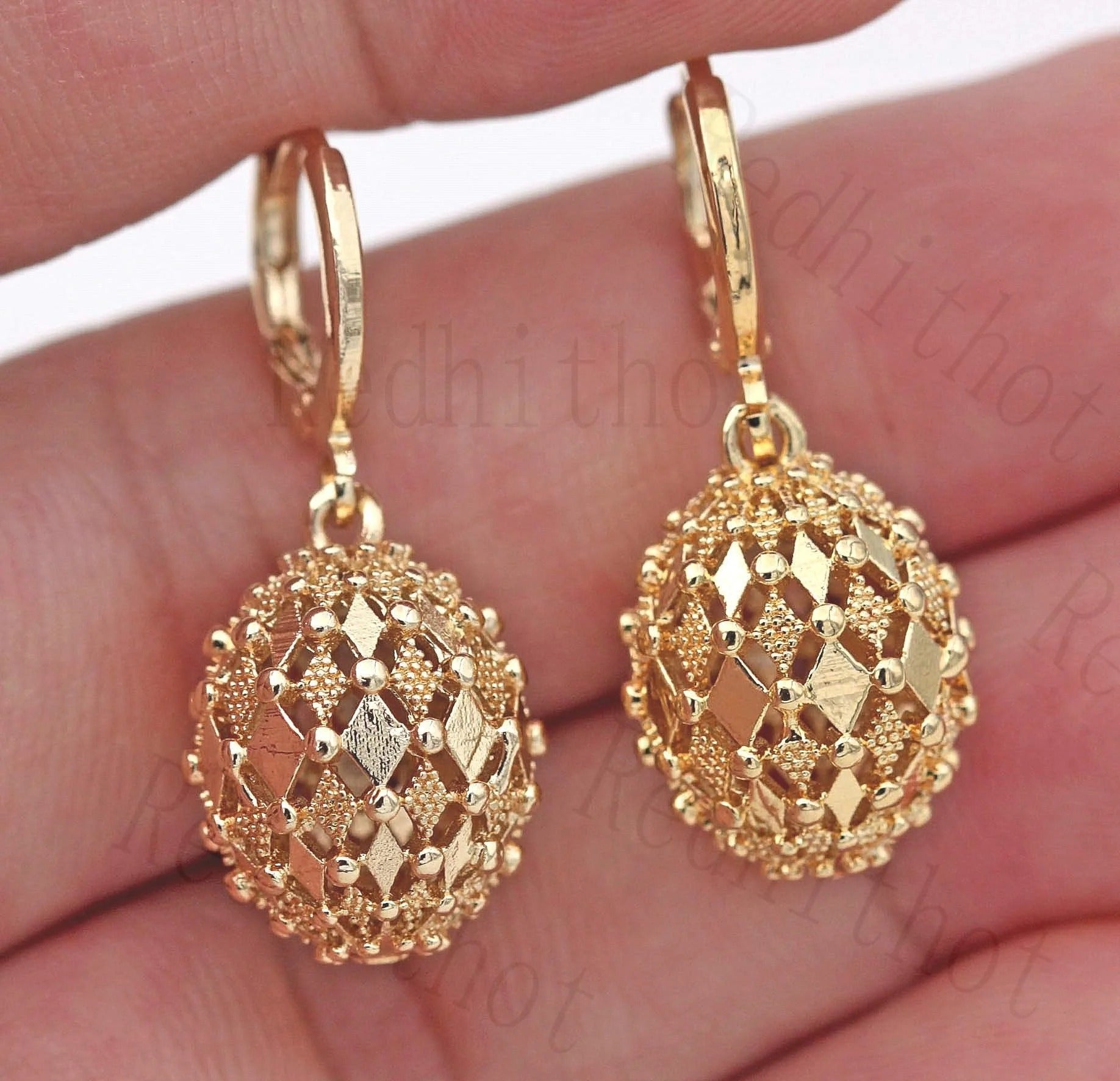 Gold Color Dangle Earrings Classic Creativity Metal Engraving Pattern Rhombus Hollow Sphere Drop Earrings