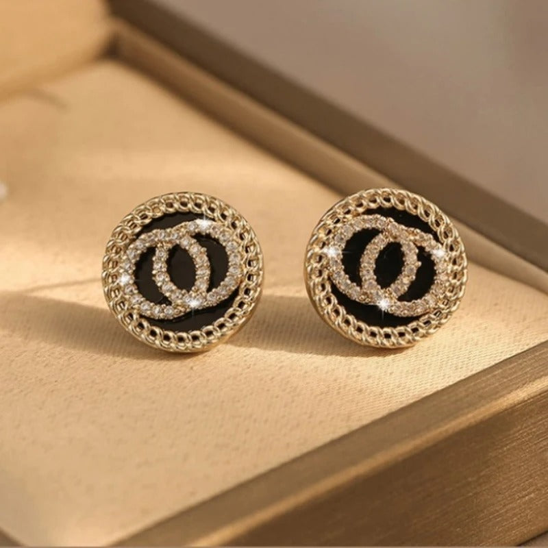Black Enamel & Crystal Double Circle Stud Earrings Korean Style