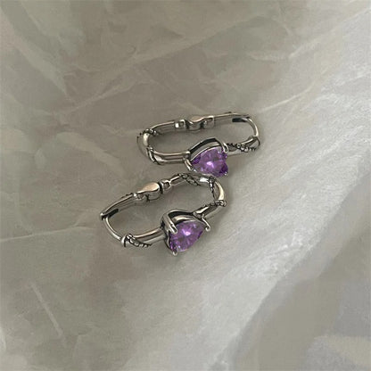 925 Sterling Silver Heart Hoop Earrings with Purple Zircon Women
