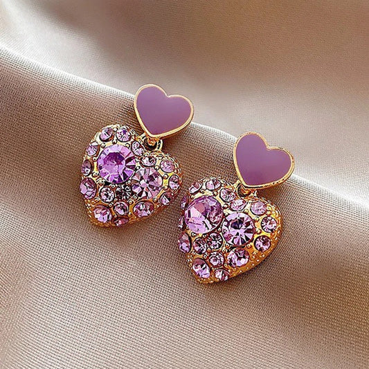 Cute Sweet Love Heart Drop Earrings for Women Purple Crystal Rhinestones Enamel Oil Dangle Earrings New Fashion Jewelry Gift