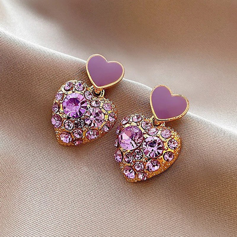 Cute Sweet Love Heart Drop Earrings for Women Purple Crystal Rhinestones Enamel Oil Dangle Earrings New Fashion Jewelry Gift