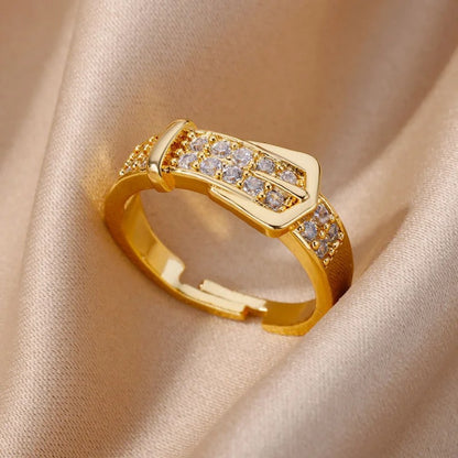 Chic Gold Buckle Zircon Adjustable Ring Fashion Trendy Jewelry for Women