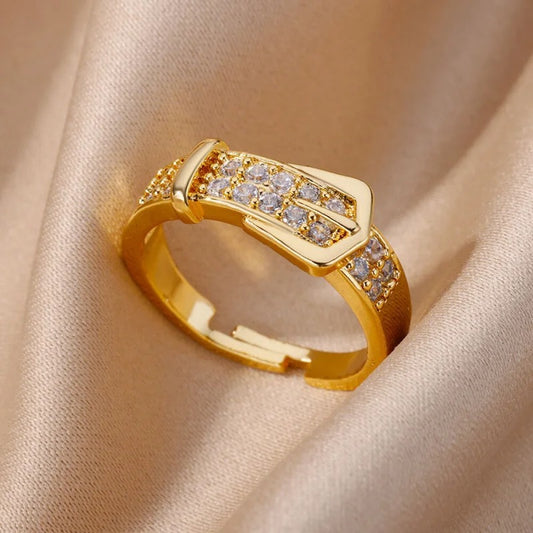 Chic Gold Buckle Zircon Adjustable Ring Fashion Trendy Jewelry for Women