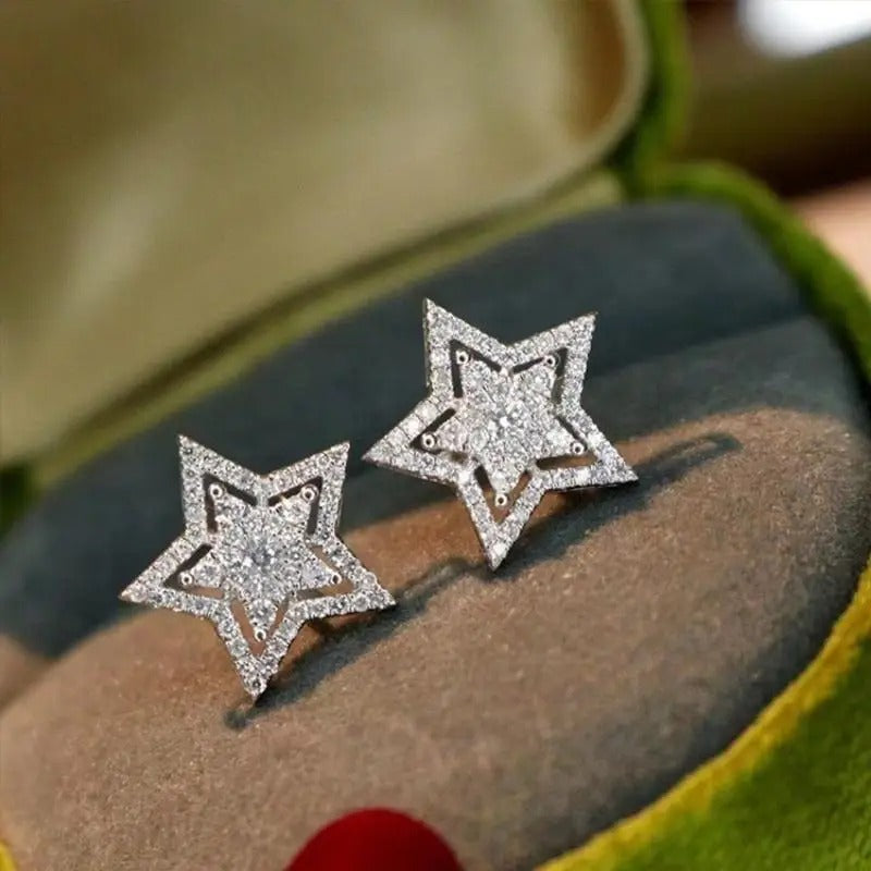 Trend Silver Color Star Crystal Stud Earrings for Women Exquisite Geometry Ear Jewelry Accessory