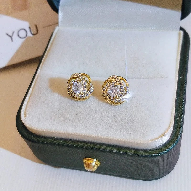 18K Gold Women’s Crystal Stud Earrings Vintage Party Jewelry