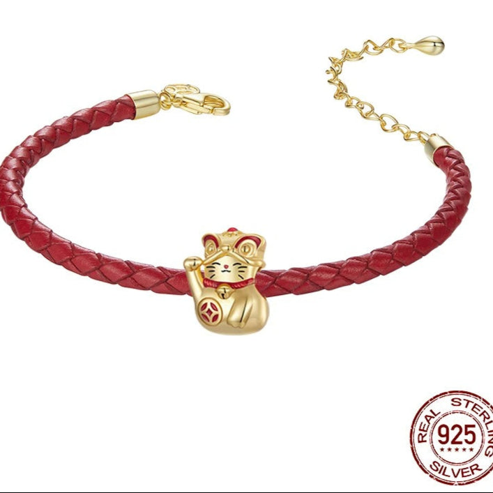 Solid Silver Lucky Cat Charm Beads Fit Original Bracelet & Necklace DIY