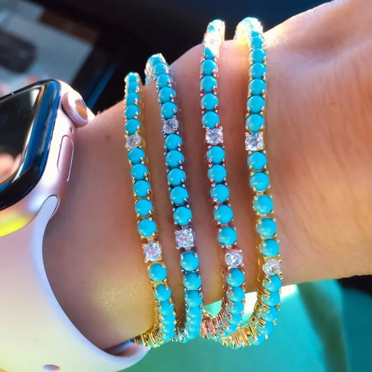 2025 Geometric Round Shaped Simple Classic 3mm Blue Turquoise Stone Tennis Chain Bracelet Bangle Luxury Engagement Women Jewelry