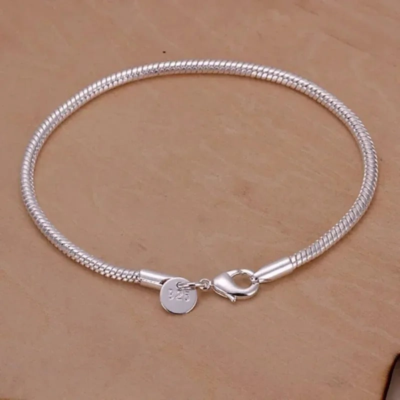 925 Sterling Silver 3MM Textured Chain Bracelet for Women Fashion Jewelry Gift