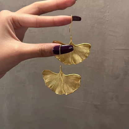 Exaggerated Leaf Dangle Earrings Gold Color Metal Women Jewelry