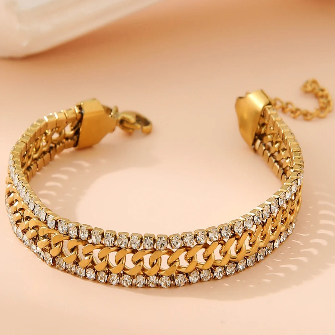 18K Gold Plated Stainless Steel Adjustable Bracelet with Cubic Zirconia Stackable Jewelry Gift for Women/girls