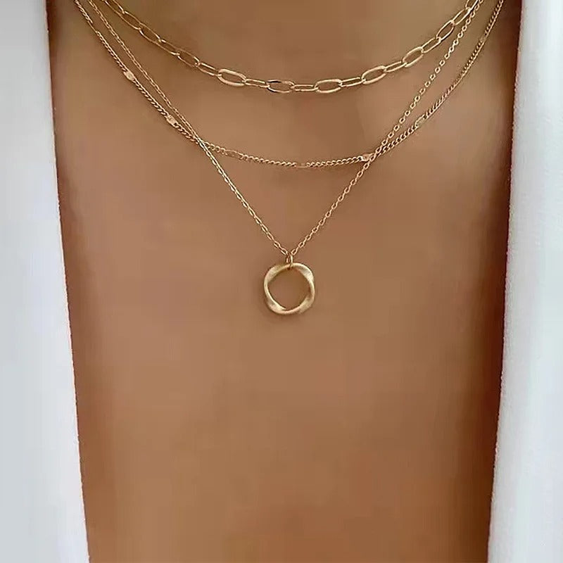 Gold Color Multi Layered Chains Necklace for Women Girls Circle Pendant Vintage Necklaces Fashion Jewelry Gifts
