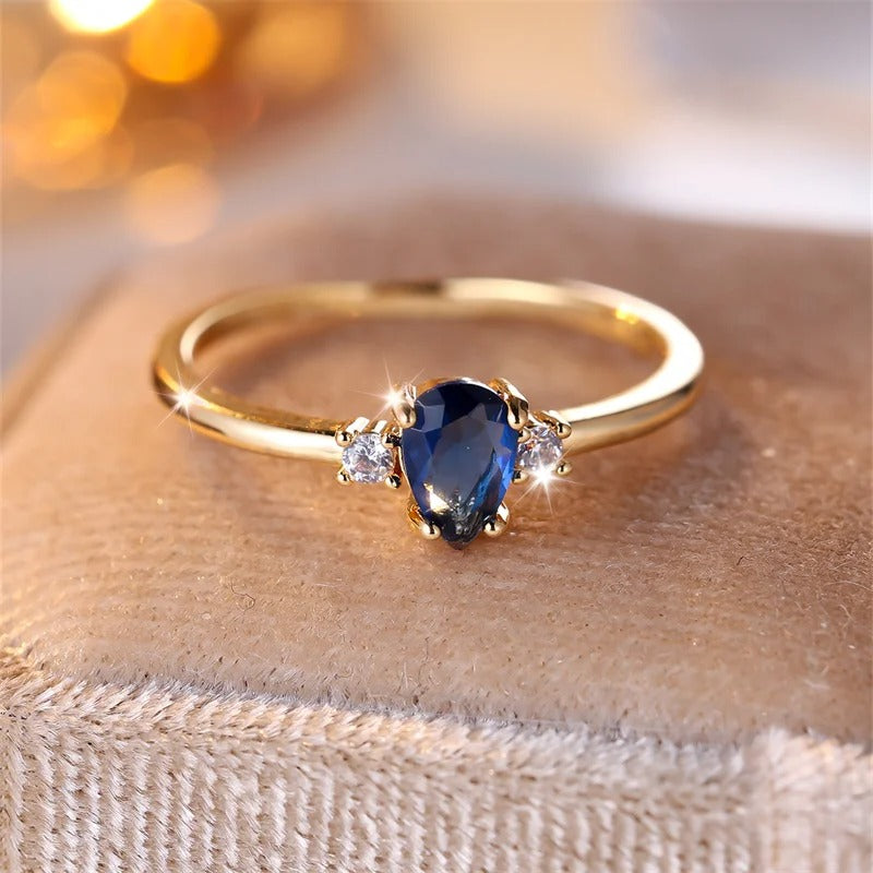 Royal Blue Pear Cut Zircon Ring for Women Gold Minimalist Stacking CZ