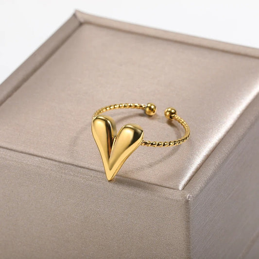 Smooth Gold Heart Adjustable Ring Stainless Steel Wedding Jewelry for Women and girls