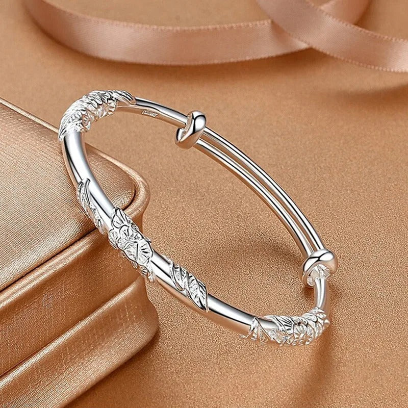 Silver Full-blown Flowers Bracelet For Women Original Texture Adjustable Solid Bracelets Light Luxury Party Jewelry