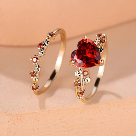 Royal Blue Green Black Red Stone Heart Ring Sets For Women Rose Gold Color White Zircon Bridal Wedding Bands Jewelry