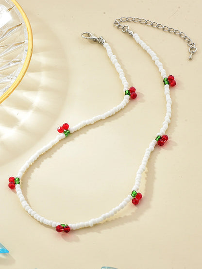 Lovely Long Summer Beaded Necklace Strawberry Cherry Jewelry