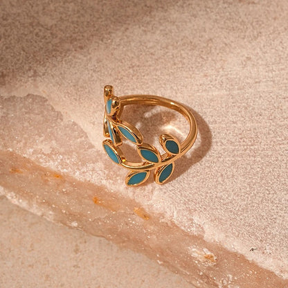 Leaf Open Ring for Women, Light Luxury Colorful Oil Drop Finger Rings, Hand Jewelry, Elegant Prom Party Wedding Accessories