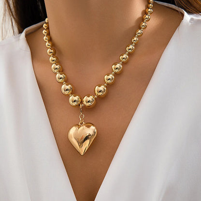 Trendy Big Beaded Chain Necklace Heart Pendant Collar for Women