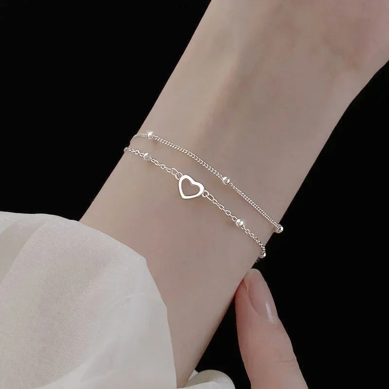 Silver Double Love Heart Hollow Round Beads Bracelet Female Fashion Romantic Jewelry Classic Adjustable Gifts