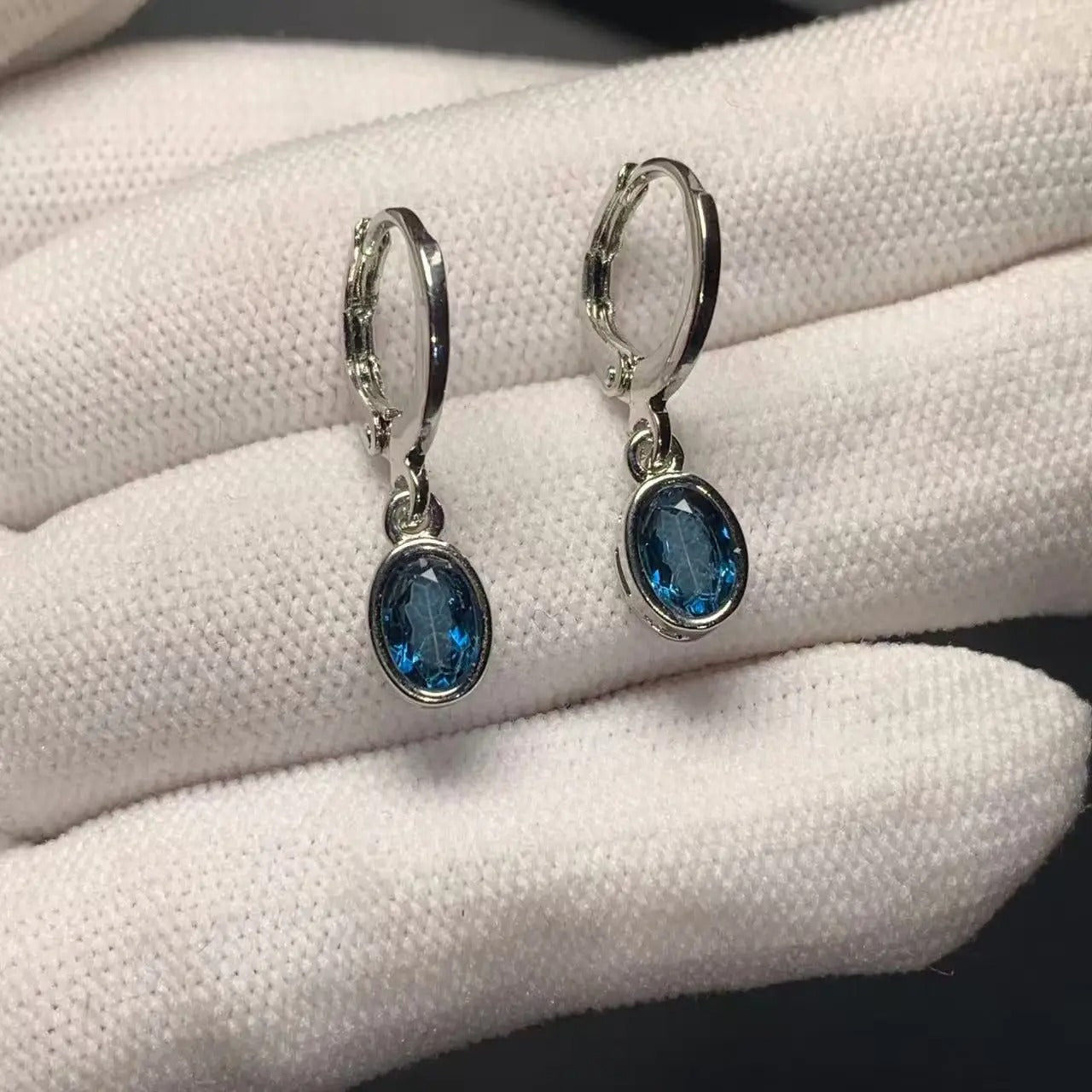 Vintage Natural Blue Topaz Hoop Earrings Simple Classic Round Circle Gemstone Jewelry