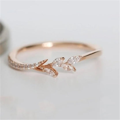 Women's Rose Gold Leaf Ring Inlay CZ Finger Ring for Wedding Party