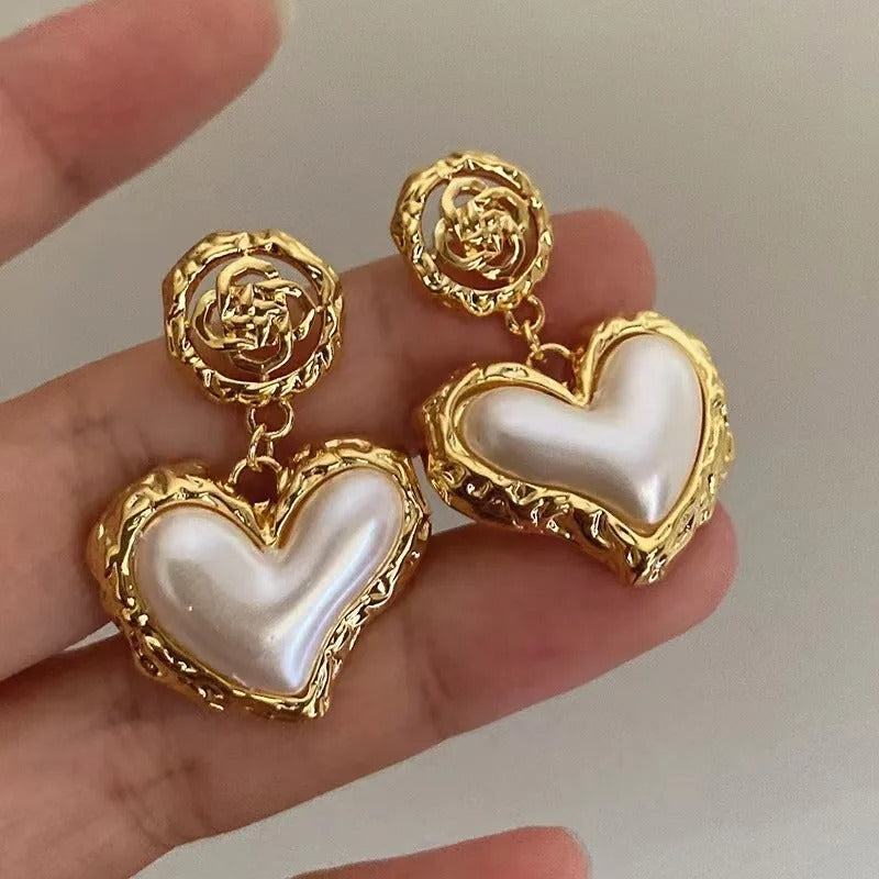Flower Pearl Heart Drop Earrings 925 Silver Retro Jewelry Women