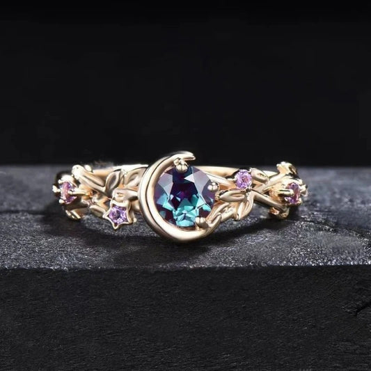 Creative personality moon stars and flowers colored zircon crystal ring, fashion chic women's jewelry