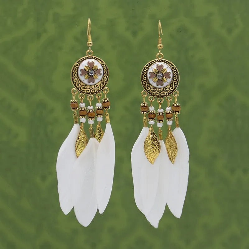Antique Alloy Feather Tassel Earrings Wood Bead Leaf Jewelry for Women