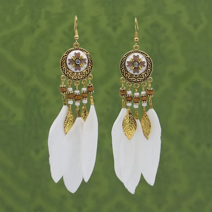 Antique Alloy Feather Tassel Earrings Wood Bead Leaf Jewelry for Women